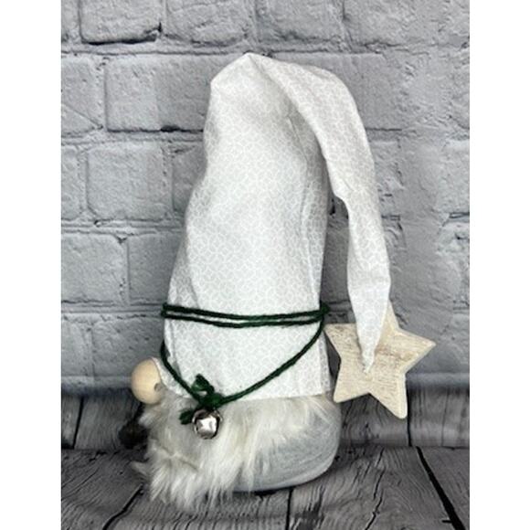 Homemade White Felt Wood Button & Star Green Felt Yarn Silver Bell Sock Gnome - Picture 3 of 6